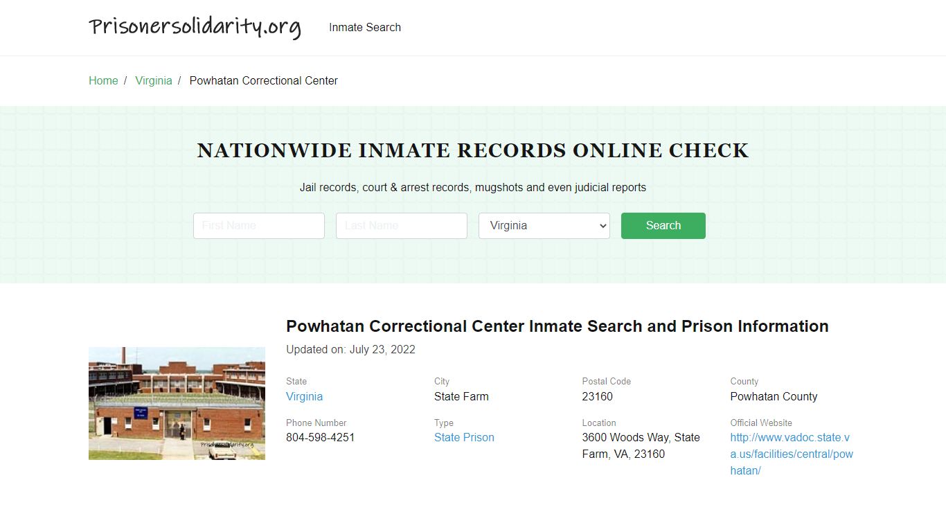 Powhatan Correctional Center Inmate Search, Visitation, Phone no ...